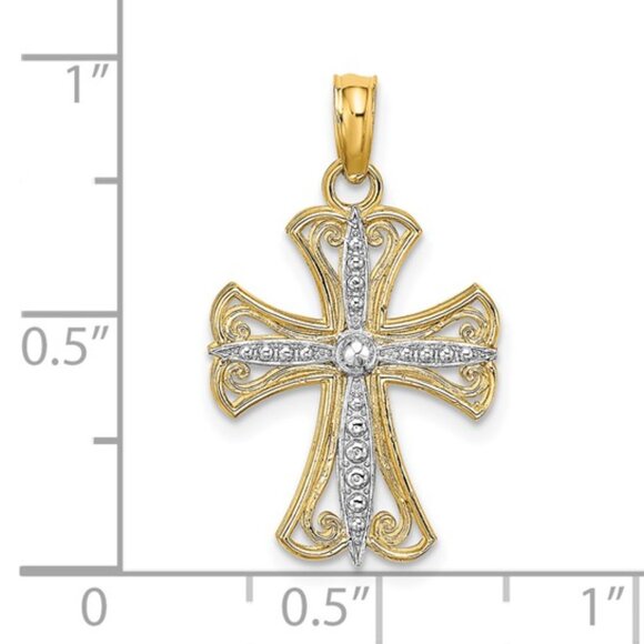 14k Two-tone Gold Religious White Cross Yellow Frame Necklace Charm w Chain - Picture 4 of 9